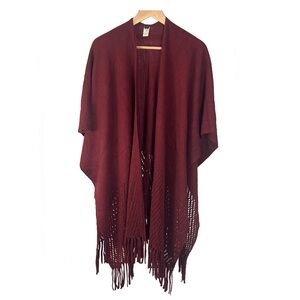 Burgundy Fringe Knit Shawl Cardigan